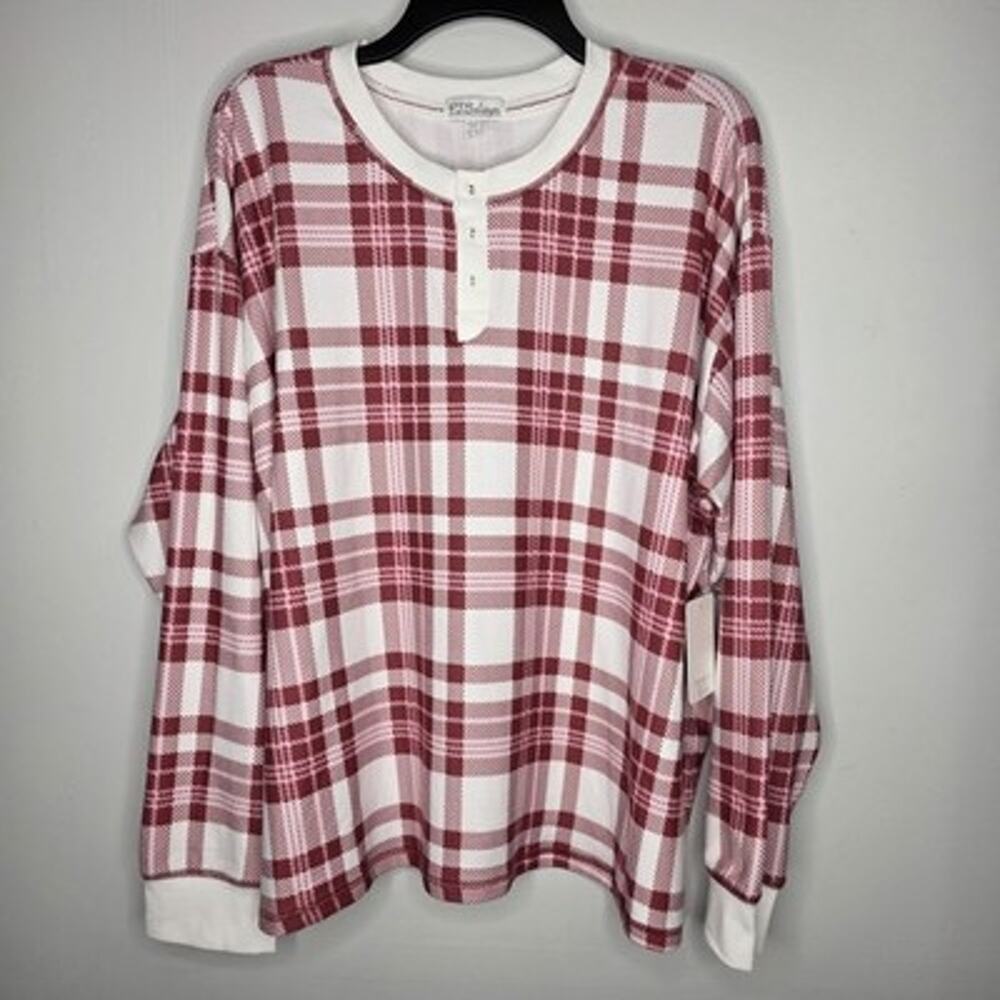 PJ Salvage Womens SZ 2X Red White Plaid Long Sleeve Pajama Top Soft Comfort